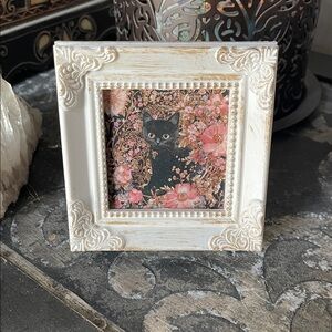 Vintage White Photo Frame with Black Cat Art